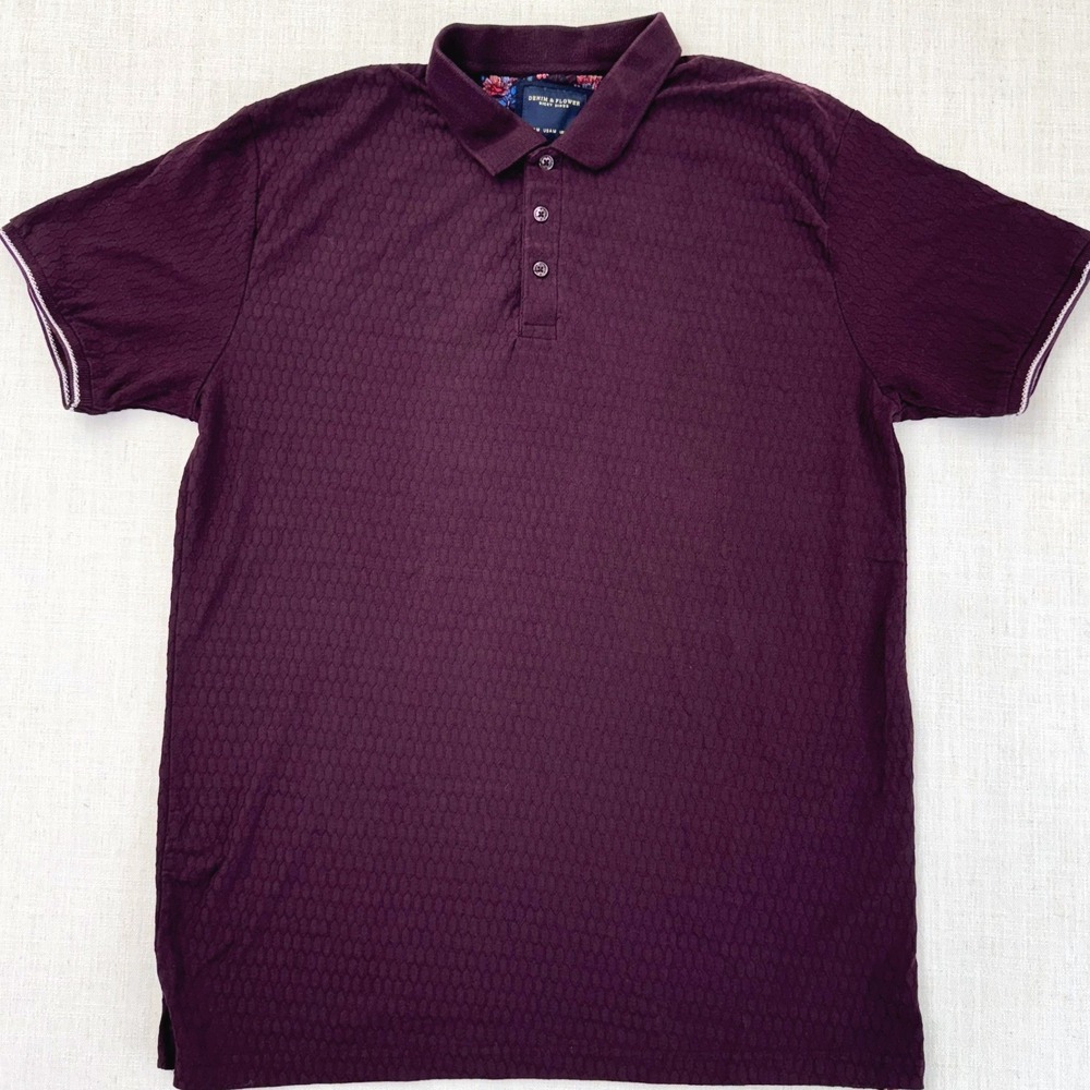 Denim & Flower Ricky Singh Mens Medium Burgundy Textured Honeycomb Polo Shirt‎